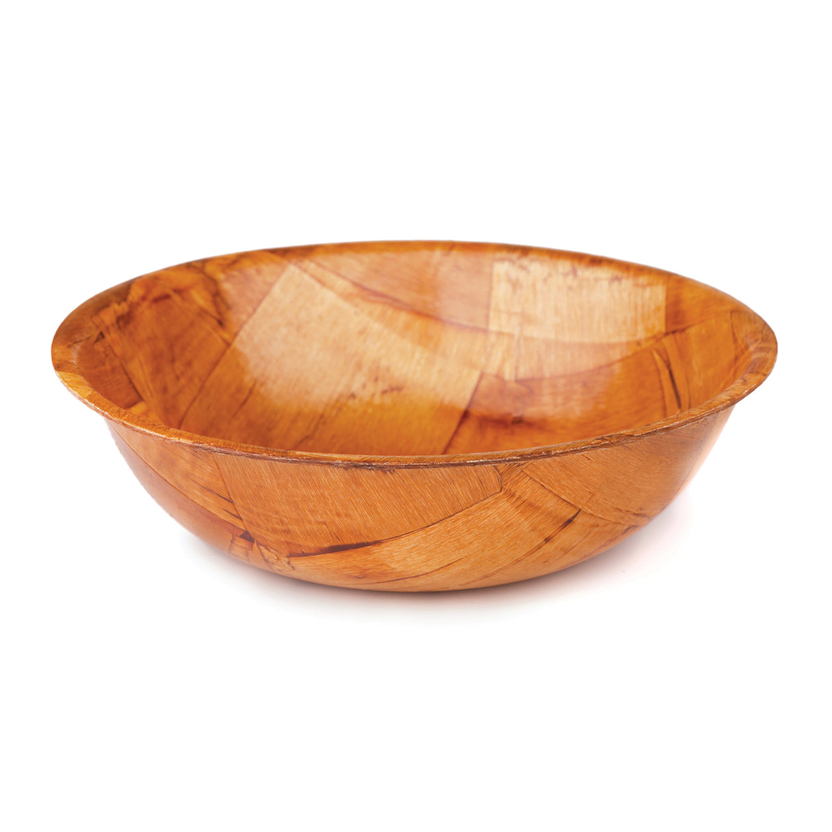 A round, shallow mahogany salad bowl with a smooth finish and visible natural grain patterns. The warm, honey-brown bowl features a slightly curved rim and patchwork sections of woven wood, all set against a plain white background.