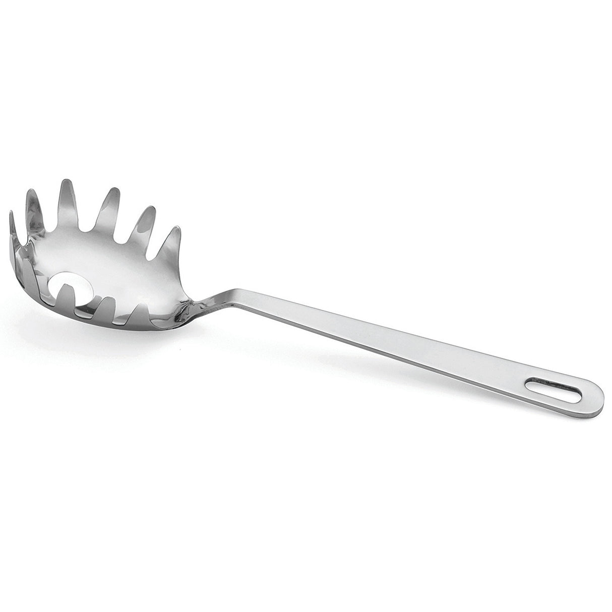 A polished stainless steel Pasta Grabber with a round, shallow bowl, evenly spaced prongs, and a center hole. The long, flat handle has a slot for hanging. This utensil is durable and dishwasher safe for easy cleaning.
