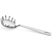 A polished stainless steel Pasta Grabber with a round, shallow bowl, evenly spaced prongs, and a center hole. The long, flat handle has a slot for hanging. This utensil is durable and dishwasher safe for easy cleaning.