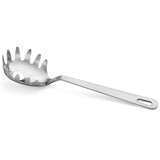 A polished stainless steel Pasta Grabber with a round, shallow bowl, evenly spaced prongs, and a center hole. The long, flat handle has a slot for hanging. This utensil is durable and dishwasher safe for easy cleaning.