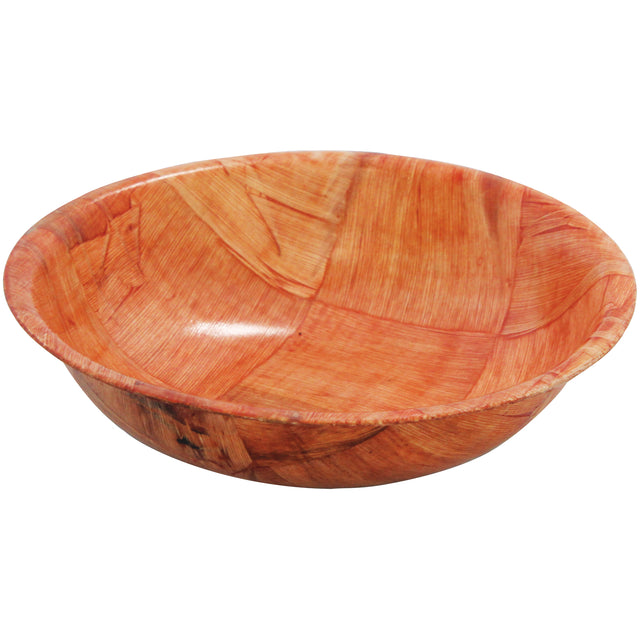 A round, shallow mahogany salad bowl with smooth, curved sides showcases a warm, reddish-brown grain pattern. The polished surface highlights the natural wood texture and color variations. The empty bowl is set against a white background.