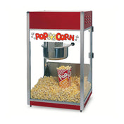 A red and silver countertop popcorn machine filled with popped popcorn. Inside is a large stainless steel kettle and a single striped popcorn container. The sign reads POPCORN with cartoon popcorn illustrations.