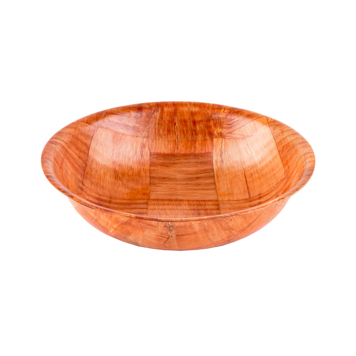 A round, shallow mahogany salad bowl with a smooth, polished finish and visible wood grain patterns. Its warm, reddish-brown tones and glossy surface highlight the craftsmanship and natural beauty of the material. Photographed on a white background.