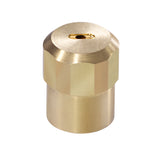 A small brass misting nozzle with a cylindrical base and hexagonal top features a narrow, horizontal slit for distributing fine mist. This low flow nozzle delivers efficient water use at 0.65 GPM and has a polished, reflective finish on a white background.