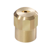 A small brass misting nozzle with a cylindrical base and hexagonal top features a narrow, horizontal slit for distributing fine mist. This low flow nozzle delivers efficient water use at 0.65 GPM and has a polished, reflective finish on a white background.