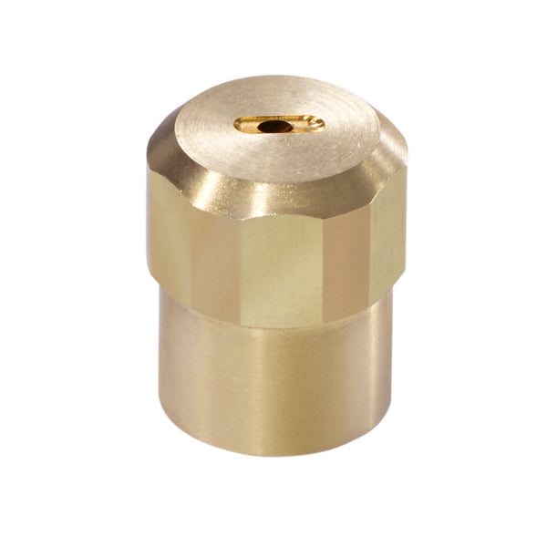 A small brass misting nozzle with a cylindrical base and hexagonal top features a narrow, horizontal slit for distributing fine mist. This low flow nozzle delivers efficient water use at 0.65 GPM and has a polished, reflective finish on a white background.