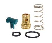 Five parts from a Krowne Repair Kit are arranged on a white background: a small green plastic lever, a brass cylindrical valve with two holes, a coiled silver metal spring, and two black rubber O-rings of different sizes.