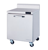 A stainless steel work top freezer with a single door, digital control panel, and sturdy handle. This 7.0 cu ft freezer features four black caster wheels for mobility, a backsplash on top, and the Dukers brand name on the lower right corner.