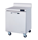 A 28 inch stainless steel refrigerated work top on four caster wheels. It features a single front door with a horizontal handle, a digital temperature display above, and a raised rear backsplash. The brand name “Thilmala” is on the bottom right.