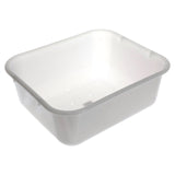 A white, rectangular plastic wash basin with rounded corners and smooth edges. The basin, similar to a compact plastic sink, has a slight shine, two small grip indentations on the rim, and no visible white drain holes, shown empty on a plain background.