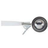 A stainless steel ice cream disher with a white plastic handle. The scoop features a mechanical lever release for easy serving and is dishwasher safe. The image is taken against a plain white background, showing a top view of the scoop.