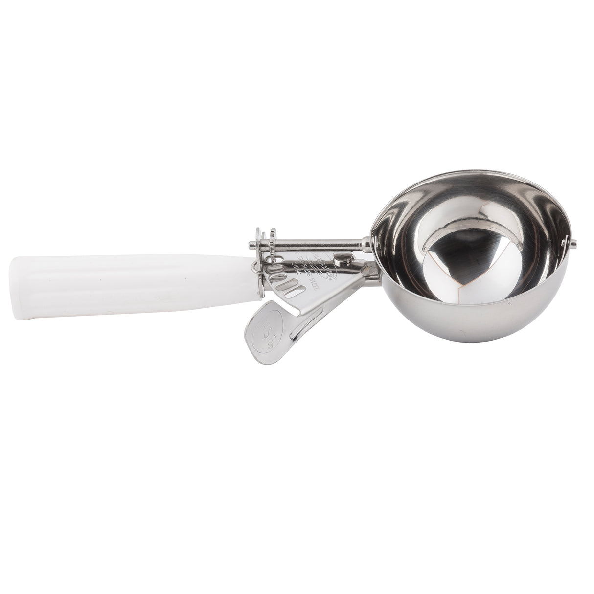 A stainless steel disher ice cream scoop with a white plastic handle and a trigger mechanism for easy release of scooped contents, shown on a plain white background. Perfect as a 5 oz. Cash & Carry Disher for kitchen or catering use.