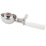 A stainless steel disher with a round metal bowl and white plastic handle. The scoop features a squeeze handle mechanism and metal lever for easy release. Dishwasher safe, with a plain white background.