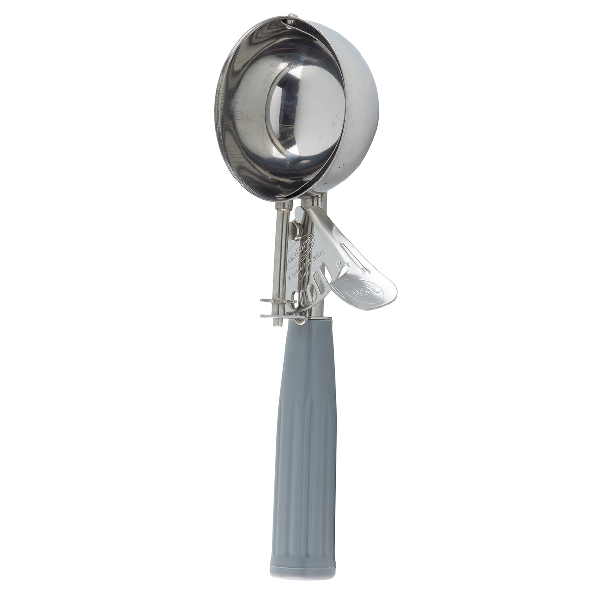 A stainless steel cash & carry disher with a trigger release mechanism and a ridged, light gray handle stands upright on a white background. This NSF scoop is reflective, and the ergonomically designed handle ensures a comfortable grip.