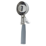 A stainless steel cash & carry disher with a trigger release mechanism and a ridged, light gray handle stands upright on a white background. This NSF scoop is reflective, and the ergonomically designed handle ensures a comfortable grip.