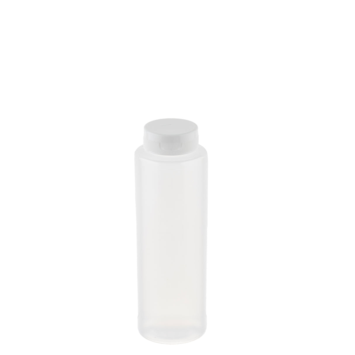 A translucent, cylindrical squeeze bottle with a white screw-on cap is centered on a plain white background. The bottle is empty, has smooth sides with no labels or markings, and is dishwasher safe.