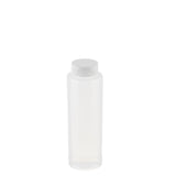 A translucent, cylindrical squeeze bottle with a white screw-on cap is centered on a plain white background. The bottle is empty, has smooth sides with no labels or markings, and is dishwasher safe.
