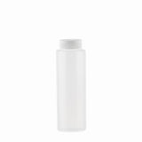 A clear, cylindrical squeeze bottle with a white screw-on cap is centered on a plain white background. The bottle is empty, with smooth sides and no labels, offering a clean and minimalistic look. Made in USA.