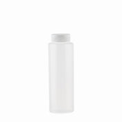 A clear, cylindrical squeeze bottle with a white screw-on cap is centered on a plain white background. The bottle is empty, with smooth sides and no labels, offering a clean and minimalistic look. Made in USA.