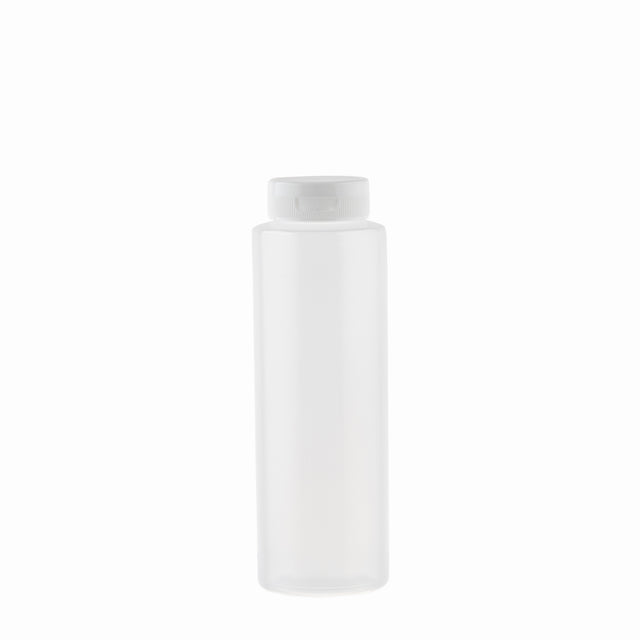 A clear, cylindrical squeeze bottle with a white screw-on cap is centered on a plain white background. The bottle is empty, with smooth sides and no labels, offering a clean and minimalistic look. Made in USA.