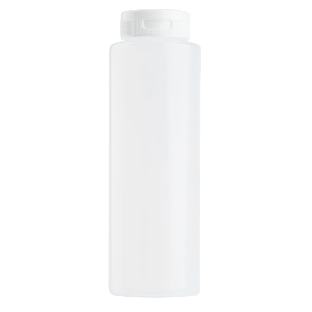 A tall, cylindrical, translucent white 8 oz. squeeze bottle with a matching screw-on cap. The bottle is plain, without any labels or markings, dishwasher safe, and displayed against a white background.