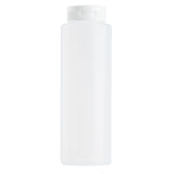 A tall, cylindrical, translucent white 8 oz. squeeze bottle with a matching screw-on cap. The bottle is plain, without any labels or markings, dishwasher safe, and displayed against a white background.