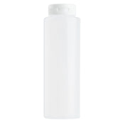 A tall, cylindrical, translucent white 8 oz. squeeze bottle with a matching screw-on cap. The bottle is plain, without any labels or markings, dishwasher safe, and displayed against a white background.
