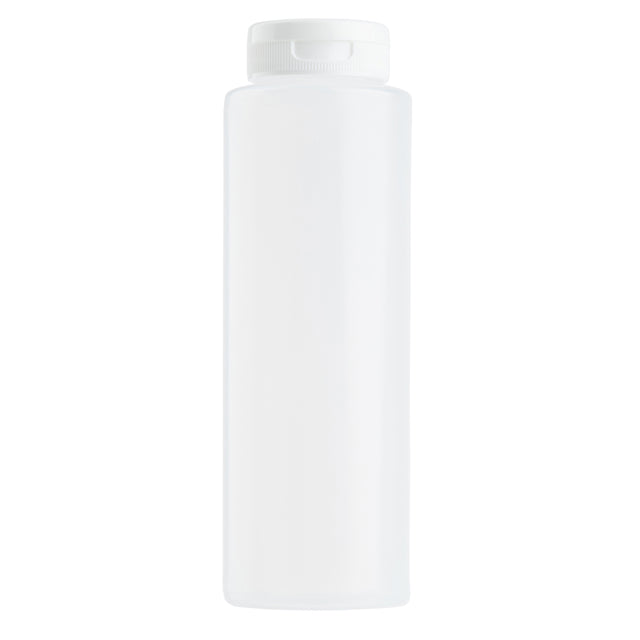 A tall, cylindrical, translucent white 8 oz. squeeze bottle with a matching screw-on cap. The bottle is plain, without any labels or markings, dishwasher safe, and displayed against a white background.