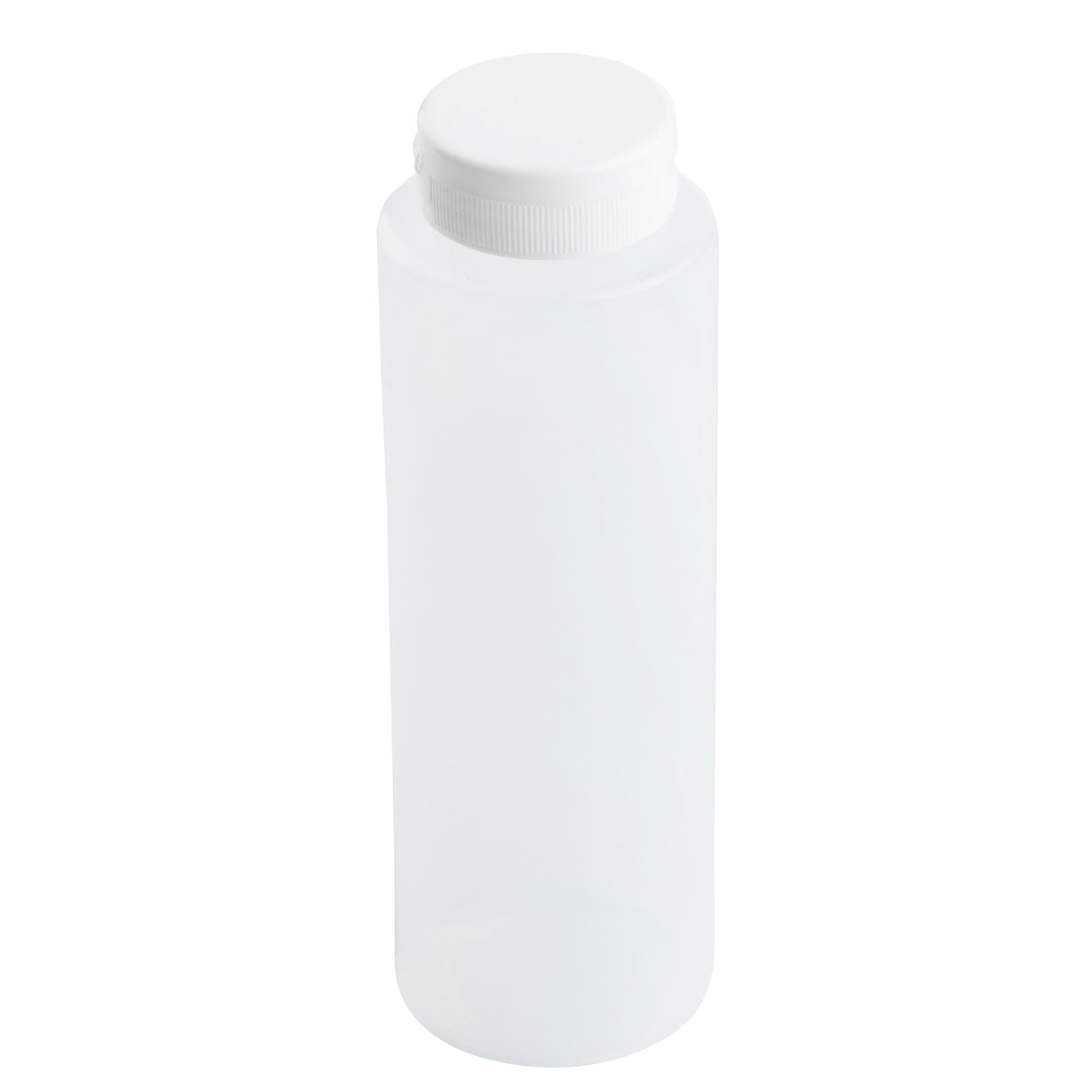 A translucent, cylindrical 8 oz. Squeeze Bottle with a white screw-on cap sits empty and unmarked, its smooth sides catching the light—dishwasher safe and set against a clean white background.