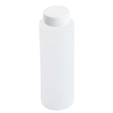 A translucent, cylindrical 8 oz. Squeeze Bottle with a white screw-on cap sits empty and unmarked, its smooth sides catching the light—dishwasher safe and set against a clean white background.
