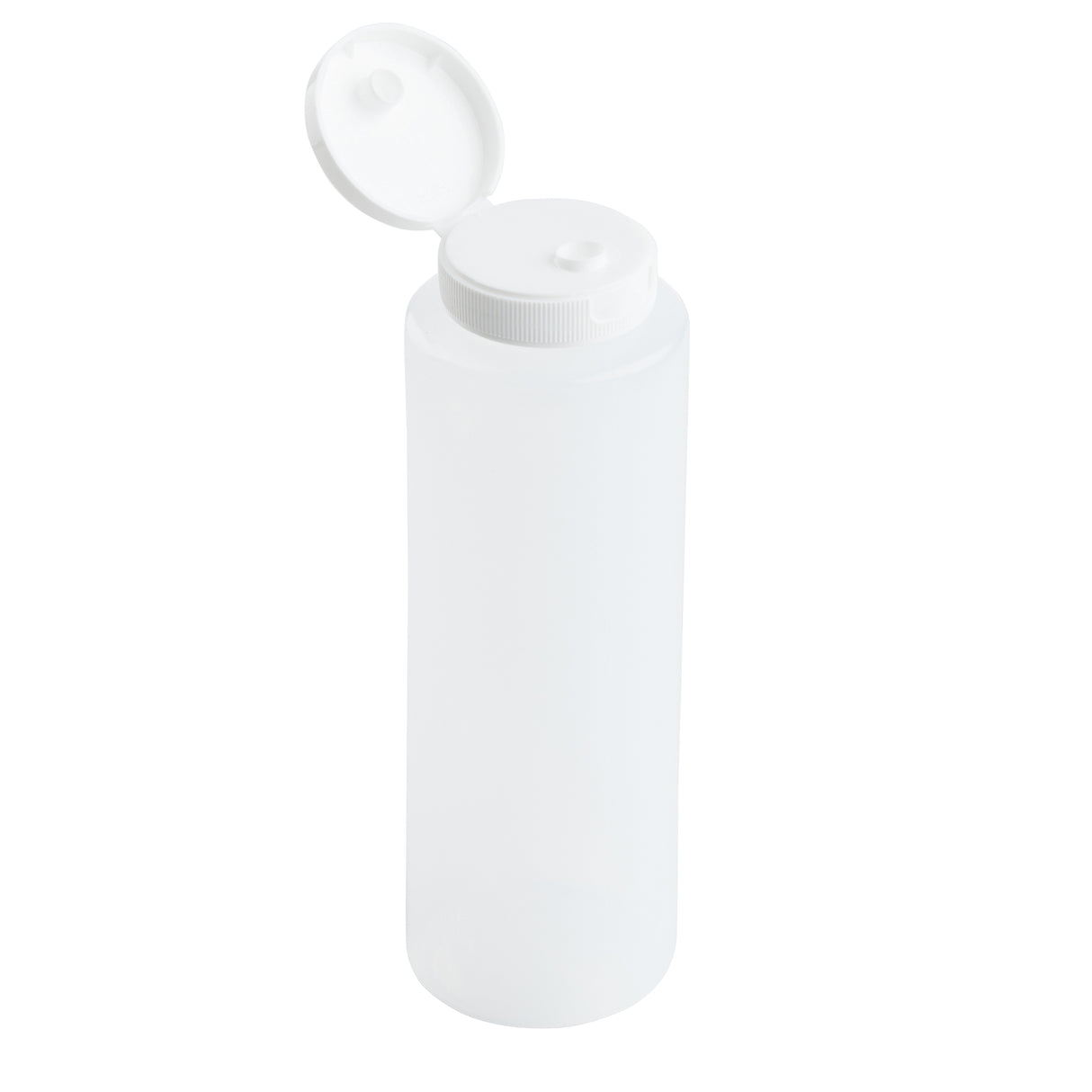 A translucent 8 oz. squeeze bottle with a white flip-top cap. The cylindrical bottle is empty, cap open to reveal a small dispensing nozzle. Dishwasher safe, it rests against a plain white background.