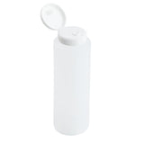 A translucent 8 oz. squeeze bottle with a white flip-top cap. The cylindrical bottle is empty, cap open to reveal a small dispensing nozzle. Dishwasher safe, it rests against a plain white background.
