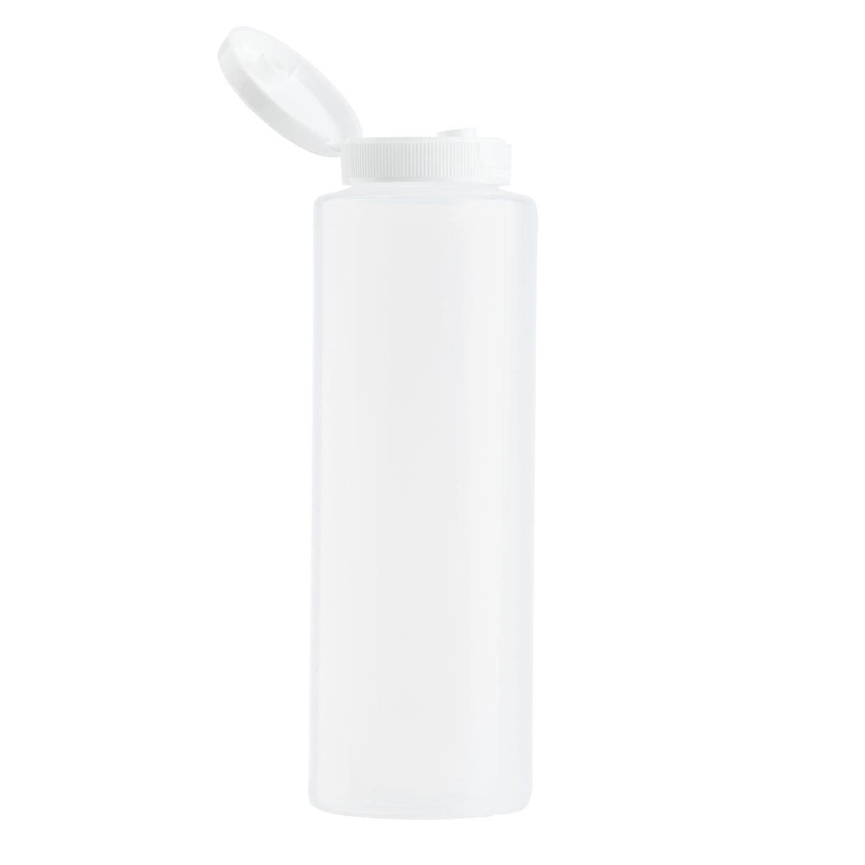 A translucent, cylindrical 8 oz. squeeze bottle stands upright with a white flip-top cap open. The background is plain white, and the bottle appears empty and unmarked—dishwasher safe and ideal for sauces or condiments.