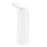 A translucent, cylindrical 8 oz. squeeze bottle stands upright with a white flip-top cap open. The background is plain white, and the bottle appears empty and unmarked—dishwasher safe and ideal for sauces or condiments.