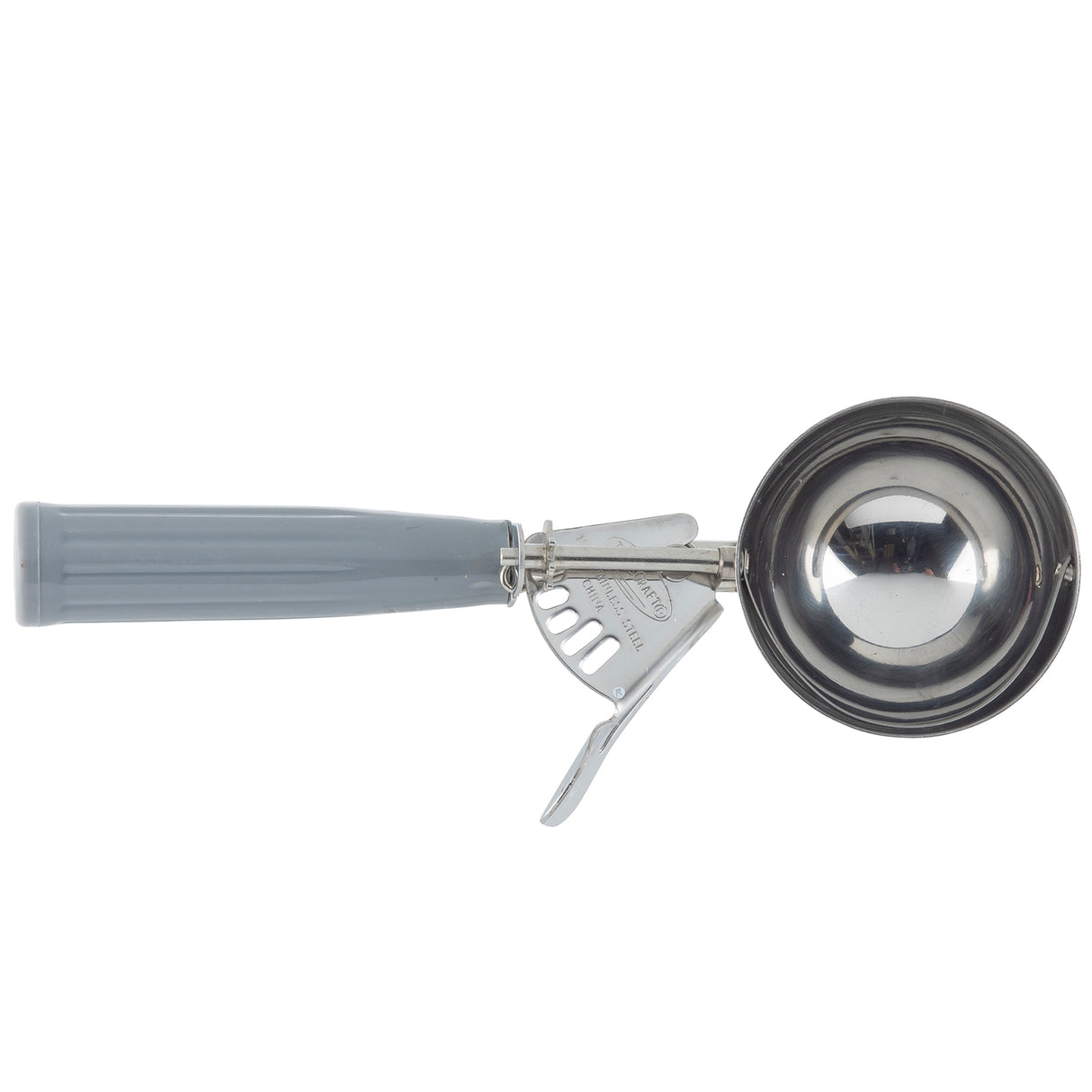 A stainless steel disher with a gray plastic handle, featuring a mechanical lever for releasing ice cream. The NSF scoop bowl is round and shiny, attached to the handle with a sturdy metal trigger mechanism.