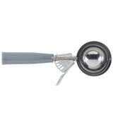 A stainless steel disher with a gray plastic handle, featuring a mechanical lever for releasing ice cream. The NSF scoop bowl is round and shiny, attached to the handle with a sturdy metal trigger mechanism.