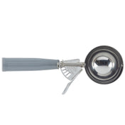 A stainless steel disher with a gray plastic handle, featuring a mechanical lever for releasing ice cream. The NSF scoop bowl is round and shiny, attached to the handle with a sturdy metal trigger mechanism.