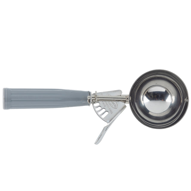 A stainless steel disher with a gray plastic handle, featuring a mechanical lever for releasing ice cream. The NSF scoop bowl is round and shiny, attached to the handle with a sturdy metal trigger mechanism.