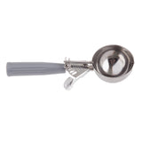 A size 8 stainless steel disher with a gray plastic handle and a trigger mechanism for easy release, shown against a white background.