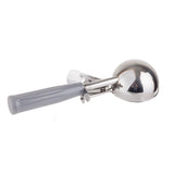 A stainless steel disher with a shiny, round scoop head and a gray plastic handle featuring grooves for grip and a trigger mechanism. This NSF ice cream scoop is placed on a plain white background.