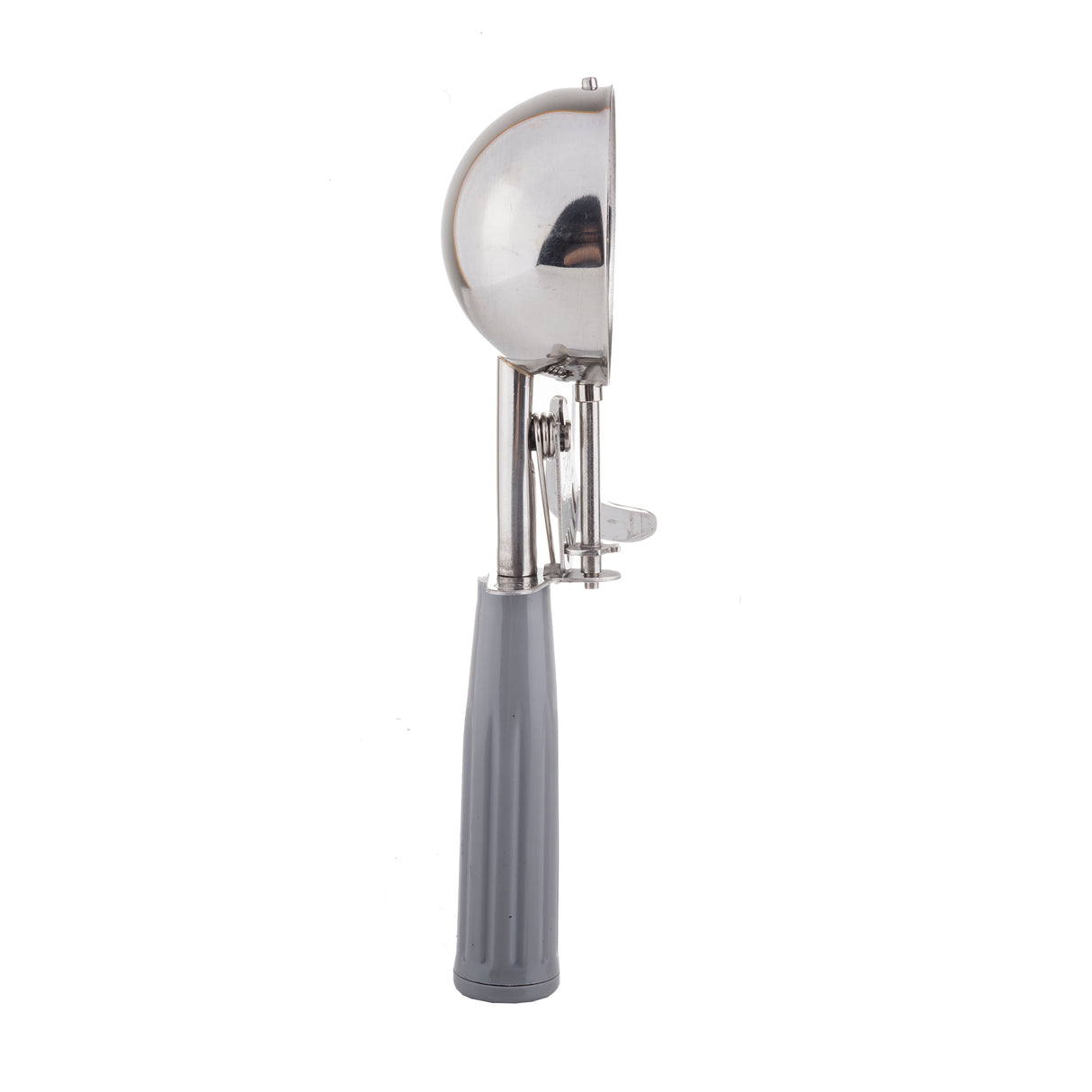 A size 8 disher metal ice cream scoop with a gray plastic handle stands upright against a white background. The scoop features a round bowl, stainless steel construction, and a squeeze mechanism for easy release.