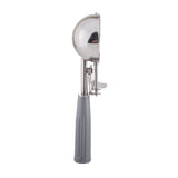 A size 8 disher metal ice cream scoop with a gray plastic handle stands upright against a white background. The scoop features a round bowl, stainless steel construction, and a squeeze mechanism for easy release.