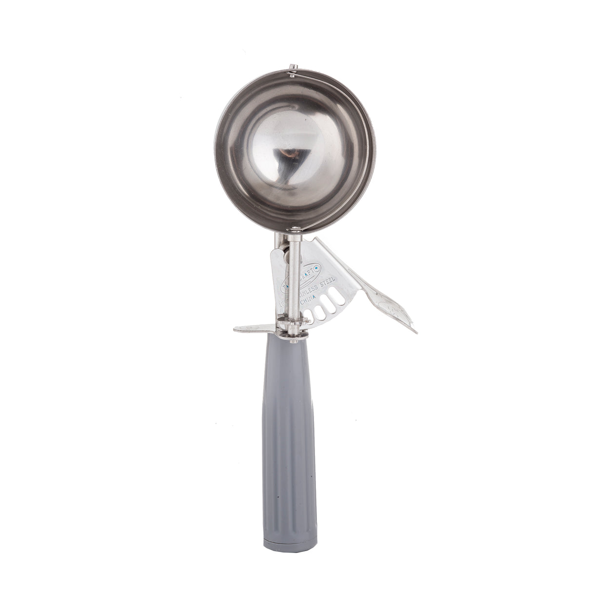 A stainless steel disher with a round, deep bowl and a gray textured handle. This size 8 disher features a built-in trigger lever for easy release and is photographed upright against a plain white background.