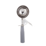 A stainless steel disher with a round, deep bowl and a gray textured handle. This size 8 disher features a built-in trigger lever for easy release and is photographed upright against a plain white background.