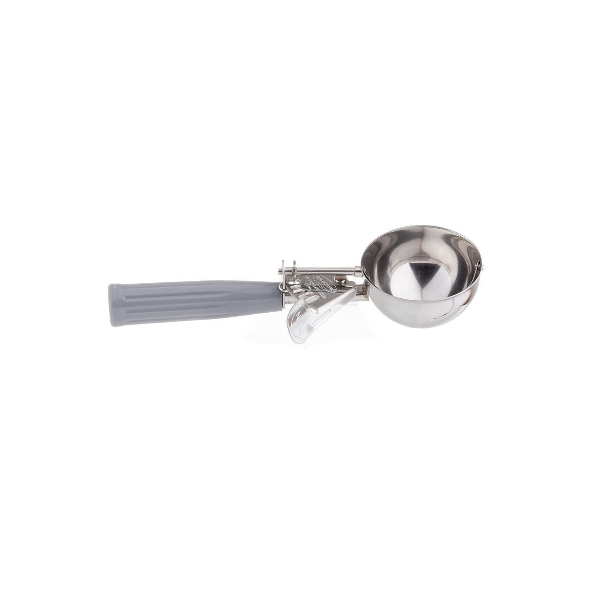 A stainless steel disher ice cream scoop with a round bowl and gray, textured handle. The scoop features a trigger mechanism for easy release, visible as a metal strip and lever along the handle. The size 8 disher is isolated on a white background.
