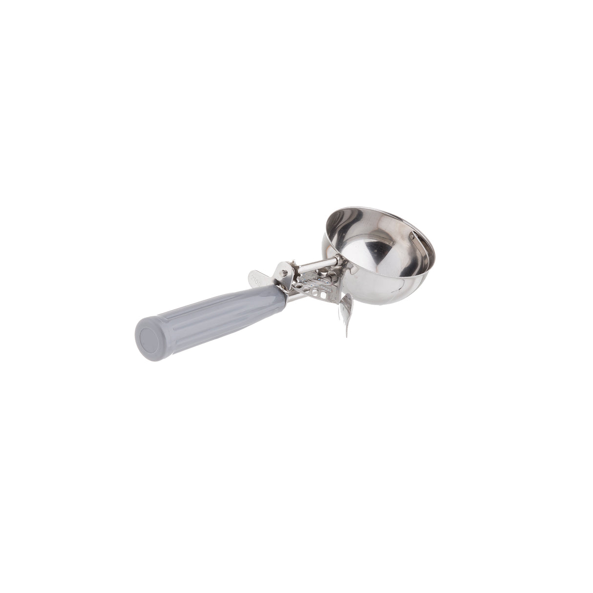 A stainless steel disher ice cream scoop with a gray plastic handle and a trigger mechanism for easy release, displayed on a white background.