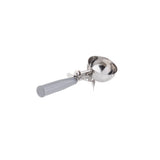 A stainless steel disher ice cream scoop with a gray plastic handle and a trigger mechanism for easy release, displayed on a white background.