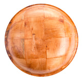 A round, light brown wooden salad bowl with a glossy finish features a patchwork pattern of woven wood grain squares. Photographed from above against a white background, it highlights its smooth surface and natural wood textures.