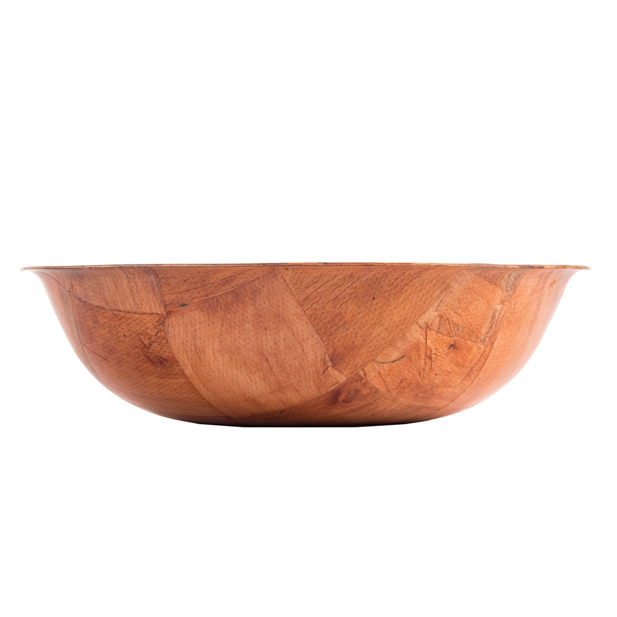 A round, shallow mahogany salad bowl with a smooth finish and visible wood grain patterns, photographed against a white background. The bowl features a natural, warm brown tone and a slightly flared rim.