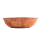A round, shallow mahogany salad bowl with a smooth finish and visible wood grain patterns, photographed against a white background. The bowl features a natural, warm brown tone and a slightly flared rim.